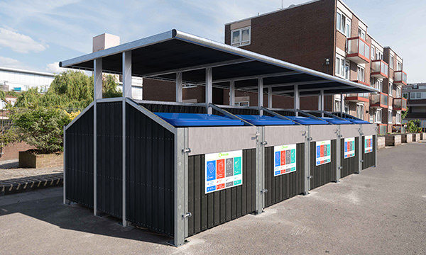 Recycling Bin Stores with Recycling Waste signage