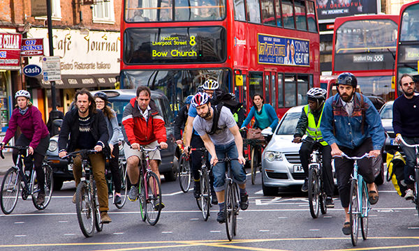Cyclists on a busy high street
