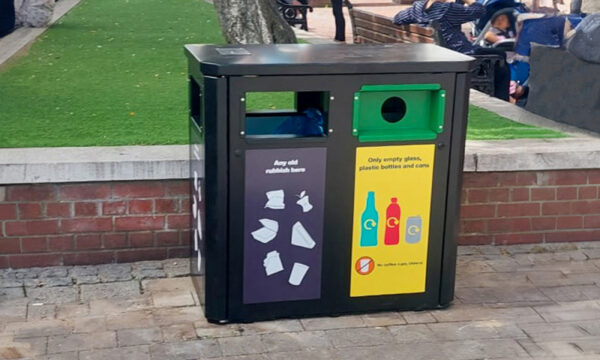 Dual Street Litter Bin for general litter & recyclables with bespoke vinyl graphics