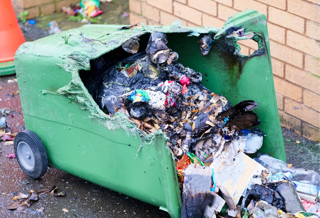 Fire damaged wheelie bin